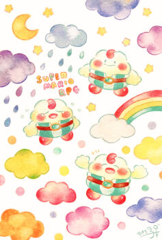 absurdres blush_stickers closed_eyes cloud colored_pencil_(medium) commentary_request copyright_name crescent_moon highres mallow_(mario) mario_(series) moon nintendo no_humans open_mouth painting_(medium) rain rainbow signature super_mario_rpg tears traditional_media water_drop watercolor_(medium) white_background yukichi_0611