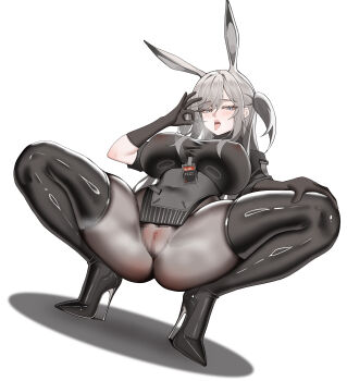 1girl absurdres animal_ears arknights black_boots black_gloves black_pantyhose blue_eyes blush boots breasts censored commentary_request covered_erect_nipples covered_navel extra_ears fellatio_gesture full_body gloves grey_eyes grey_hair hand_on_own_knee heart high_heel_boots high_heels highres large_breasts long_hair looking_at_viewer mosaic_censoring no_panties one_side_up open_mouth oral_invitation pantyhose pussy rabbit_ears rabbit_girl sarkazsc savage_(arknights) see-through_clothes shirt simple_background solo spread_legs squatting steaming_body thigh_boots thighhighs thighs tongue tongue_out two_side_up white_background