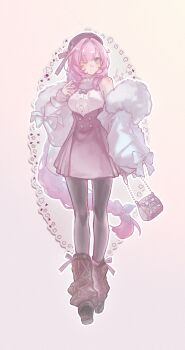 Rule 34 | 1girl, ;), absurdres, alternate costume, bag, beret, black pantyhose, blue eyes, breasts, coat, commentary, dated, elysia (honkai impact), full body, fur-trimmed coat, fur trim, handbag, hat, highres, holding, holding bag, honkai (series), honkai impact 3rd, large breasts, long hair, looking at viewer, one eye closed, pantyhose, pink hair, purple skirt, seawave02974, shirt, simple background, skirt, smile, solo, symbol-only commentary, tachi-e, very long hair, white coat, white shirt