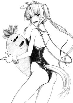 Rule 34 | 1girl, absurdres, akitsushima (kancolle), animal ears, ass, commentary request, from behind, greyscale, highres, horse ears, horse tail, kantai collection, leotard, monochrome, nishikitaitei-chan, nontraditional playboy bunny, reins, side ponytail, smile, solo, strapless, strapless leotard, stuffed carrot, tail, tsuji kazuho, wrist cuffs