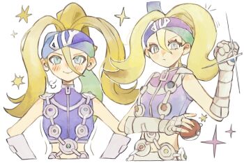 1girl blonde_hair blush chamopichamo clenched_hand crop_top fingerless_gloves gloves hands_on_own_hips headband highres holding holding_poke_ball korrina_(pokemon) long_hair mega_stone midriff nintendo poke_ball poke_ball_(basic) pokemon pokemon_legends:_z-a ponytail smile