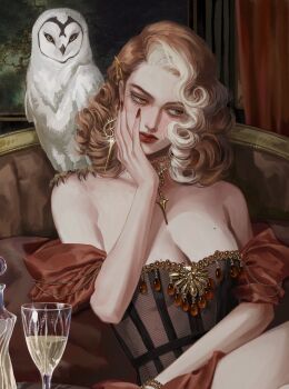 1girl absurdres alcohol bare_shoulders bird blonde_hair breasts chest_jewel cleavage closed_mouth commentary curly_hair dress earrings english_commentary gem glass gold_earrings gold_necklace head_rest highres jewelry kavalliere looking_to_the_side medium_breasts medium_hair necklace orange_gem owl red_lips sitting sleeveless sleeveless_dress solo upper_body yellow_eyes