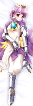 1girl armor armored_dress atlus bloomers blush boots crown dress earrings female_focus full_body gizensha gloves gold_crown gradriel gradriel_de_valendia greaves jewelry knee_boots knight pants princess_crown purple_eyes purple_hair short_hair solo underwear white_background white_bloomers