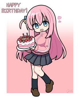 Rule 34 | 1girl, absurdres, birthday cake, blue eyes, bocchi the rock!, border, cake, candle, commentary request, cube hair ornament, food, full body, garloo, gotoh hitori, hair ornament, happy birthday, heart, highres, holding, holding plate, jacket, loafers, long hair, looking at viewer, one side up, pink background, plate, pleated skirt, shoes, skirt, smile, socks, solo, track jacket, very long hair, white border