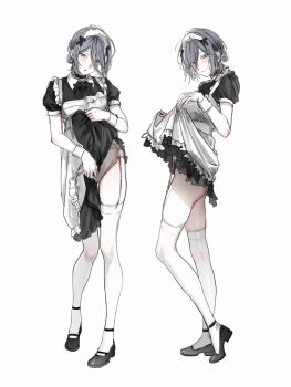 Rule 34 | 1girl, aiomita, apron, black dress, blush, bow, bowtie, chainsaw man, clothes lift, dress, garter belt, green eyes, highres, maid, maid apron, maid headdress, multiple views, panties, purple hair, reze (chainsaw man), short hair, skirt, skirt lift, solo, standing, suspenders, thighhighs, underwear, white apron, white background, white panties, white thighhighs, white wrist cuffs, wrist cuffs