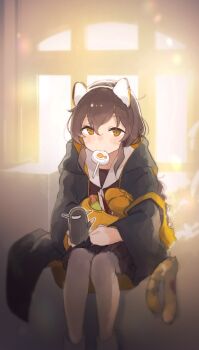 Rule 34 | 1girl, absurdres, animal ears, basket, black coat, braid, brown hair, brown serafuku, brown skirt, cat ears, cat tail, coat, commentary, feet out of frame, highres, kantai collection, leaning forward, long hair, ma rukan, mouth hold, official alternate costume, orange eyes, school uniform, serafuku, single braid, skirt, solo, souya (halloween) (kancolle), souya (kancolle), tail