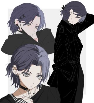 1boy alternate_costume aoyagi_touya arm_up black_choker black_nails blue_hair border choker closed_mouth commentary curtained_hair ear_piercing earrings fingernails grey_background hair_ornament hairpin hand_up highres jewelry llli_illli_illl long_sleeves looking_at_viewer male_focus mask mole mole_under_eye mouth_mask multicolored_hair multiple_views nail_polish outside_border parted_lips piercing project_sekai split-color_hair star_(symbol) symbol-only_commentary two-tone_hair white_border