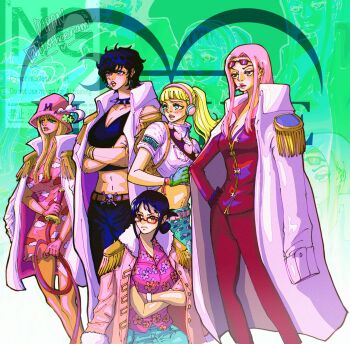 5girls abs black_hair blonde_hair blunt_bangs coat coat_on_shoulders collared_shirt commentary crop_top doll_(one_piece) dress english_commentary epaulettes formal_clothes glasses gloves hair_bun hat headphones hibari_(one_piece) highres hina_(one_piece) itstheenami kujaku_(one_piece) long_hair multiple_girls one_piece pink_dress pink_gloves pink_hair pink_hat ponytail shirt short_hair sidelocks spiked_hair suit tashigi twitter_username