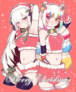 2girls absurdres alternate_costume antlers arm_up armpits bai_weizi_lingzi bare_shoulders bell black_thighhighs blush breasts closed_mouth commentary_request cowboy_shot cropped_legs cropped_shirt embarrassed fur-trimmed_gloves fur-trimmed_headwear fur-trimmed_shirt fur-trimmed_skirt fur_trim gloves green_ribbon hair_over_one_eye hat heterochromia highres horns jogasaki_noah long_hair looking_at_viewer mahou_shoujo_no_majo_saiban merry_christmas miniskirt multi-tied_hair multicolored_hair multiple_girls natsume_an-an navel neck_ribbon outline pink_eyes presenting_armpit purple_eyes red_background red_gloves red_hat red_shirt red_shorts red_skirt reindeer_antlers ribbon santa_costume santa_hat shirt shorts skirt small_breasts snow standing streaked_hair thighhighs very_long_hair w w_over_eye white_hair white_outline white_thighhighs yellow_eyes
