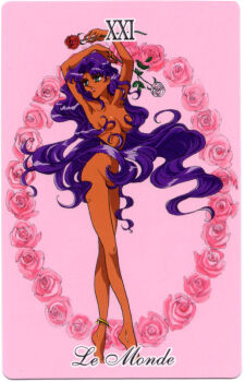 1990s_(style) 1girl anklet artist_request bindi card card_(medium) censored convenient_censoring dark_skin facial_mark female_focus flower forehead_mark hair_censor hair_over_breasts hair_over_crotch himemiya_anthy holding holding_flower jewelry long_hair looking_to_the_side navel nude pink_background pink_flower pink_rose purple_hair retro_artstyle rose shoujo_kakumei_utena solo tarot tarot_(medium) the_world_(tarot) very_long_hair