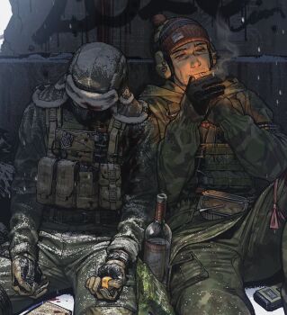 2boys alcohol ammunition_pouch armband beanie beard_stubble black_gloves blood blood_on_clothes brown_eyes brown_gloves bullet_hole bulletproof_vest camouflage camouflage_jacket camouflage_pants cigarette closed_mouth death ear_protection escape_from_tarkov facial_hair field_ration food fruit fukurau gloves green_jacket green_pants hat highres hood hooded_jacket jacket lighting_cigarette magazine_(weapon) male_focus mandarin_orange mask multicolored_gloves multiple_boys outdoors pants pom_pom_(clothes) pom_pom_beanie pouch salad scissors sitting smoke smoke_trail snow stubble tourniquet trash_bag two-tone_gloves ushanka vodka