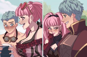 Rule 34 | blue eyes, blue hair, caspar von bergliez, caspar von bergliez (summer), caspar von bergliez (timeskip), commentary, english commentary, fire emblem, fire emblem: three houses, fire emblem heroes, highres, hilda valentine goneril, hilda valentine goneril (summer), hilda valentine goneril (timeskip), nintendo, official alternate costume, pink eyes, pink hair, roxyryoko