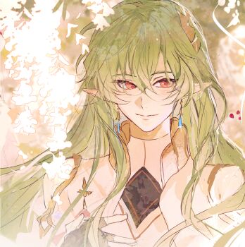 Rule 34 | 1boy, bare shoulders, black gloves, blue gem, blurry, blurry background, chinese commentary, closed mouth, commentary request, earrings, fingerless gloves, flower, gem, gloves, gold trim, green hair, hair between eyes, hand on own chest, highres, jewelry, laurel crown, light blush, lips, long hair, looking at viewer, male focus, pointy ears, red eyes, selien (welcome to dreamland), shirt, sleeveless, sleeveless shirt, smile, solo, sumidainxin, teardrop earrings, turtleneck, turtleneck shirt, upper body, welcome to dreamland, white flower, white shirt, wisteria