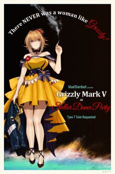 1girl black_choker black_shoes brown_hair choker cigarette commentary_request commission dress dress_flower english_text flower full_body fur-trimmed_jacket fur_trim girls&#039;_frontline grizzly_mkv_(girls&#039;_frontline) grizzly_mkv_(starry_night_ball)_(girls&#039;_frontline) hair_ornament hair_scrunchie highres holding holding_cigarette holding_unworn_jacket jacket kojima_(blue_stardust) purple_eyes red_flower red_scrunchie scrunchie shoes smoke solo yellow_dress