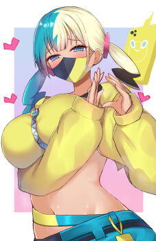 1girl absurdres bandeau blue_eyes breasts canari_(pokemon) gen_4_pokemon highres large_breasts mask multicolored_hair multicolored_pants navel nintendo pants pokemon pokemon_legends:_z-a rotom rotom_phone shiinyan short_hair solo sweat twintails two-tone_hair two-tone_mask two-tone_pants yellow_bandeau