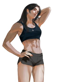 1girl abs absurdres arm_behind_head artist_self-insert black_bra black_hair black_shorts bra breasts brown_eyes collarbone commentary cowboy_shot earrings english_commentary eyelashes hand_on_own_hip henoopd highres jewelry lips long_hair looking_to_the_side navel original parted_lips red_nails ribs shorts simple_background small_breasts solo sports_bra toned toned_female underwear white_background