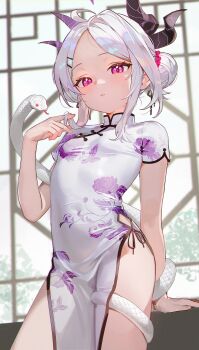 1girl absurdres ahoge arms_up artist_request bare_legs black_horns blue_archive breasts china_dress chinese_clothes coiled collared_dress commentary demon_girl demon_horns double_bun dress flat_chest flower flower_print hair_bun hair_flower hair_ornament highres hina_(blue_archive) horns indoors leaning_back loli long_hair looking_at_viewer new_year pink_eyes sidelocks skin_tight small_breasts snake solo string thighs tied_up_hair twirling_hair very_long_hair white_dress white_hair white_snake window