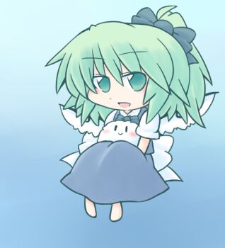 Rule 34 | 1girl, 216, :>, :d, barefoot, blue background, blush, bow, chibi, daiyousei, fairy wings, full body, gradient background, green eyes, green hair, hair bow, kedama (touhou), large bow, looking at viewer, open mouth, shirt, short hair, side ponytail, sitting, sitting on lap, sitting on person, skirt, skirt set, smile, touhou, vest, white shirt, wings, | |
