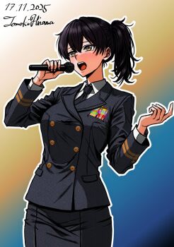 1girl alternate_costume artist_name black_necktie blush brown_eyes brown_hair buttons collared_shirt commentary_request cowboy_shot dated double-breasted gradient_background grey_jacket grey_skirt highres hisama_tomoki holding holding_microphone jacket japan_maritime_self-defense_force japan_self-defense_force kaga_(kancolle) kantai_collection long_sleeves looking_to_the_side microphone military military_dress_uniform military_rank_insignia military_uniform music naval_dress_uniform naval_uniform necktie one-hour_drawing_challenge open_mouth ribbon_bar shirt short_hair short_side_ponytail singing skirt solo white_shirt