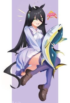 1girl absurdres ahoge black_hair brown_shoes commentary ear_ornament ear_tag earrings emphasis_lines english_commentary eriidyne hair_between_eyes highres jewelry long_hair long_hair_between_eyes manhattan_cafe_(umamusume) manhattan_cafe_holding_a_fish_(meme) meme multicolored_hair open_mouth purple_skirt purple_thighhighs purple_trim shoes single_earring skirt smile solo teeth thighhighs tuna two-tone_shirt umamusume upper_teeth_only very_long_hair white_hair white_skirt yellow_eyes