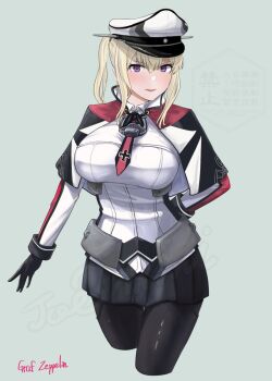 Rule 34 | 1girl, anchor, black gloves, black pantyhose, blonde hair, blue eyes, blush, breasts, capelet, character name, commentary request, cross, gloves, graf zeppelin (kancolle), green background, hair between eyes, hat, highres, iron cross, jouzaburou (joe3), kantai collection, knot print, large breasts, long hair, looking at viewer, military, military hat, military uniform, pantyhose, peaked cap, sidelocks, skirt, smile, solo, twintails