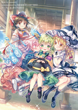 4girls :3 amo_(shibu3) ascot black_boots black_dress black_hat blonde_hair blue_ascot blue_fire blue_shirt boots bow braid brown_hair cheek_press detached_sleeves dress fire floral_print floral_print_skirt frilled_shirt_collar frills green_hair green_skirt hair_tubes hakurei_reimu hat hata_no_kokoro highres hyottoko_mask kirisame_marisa knees komeiji_koishi long_hair mask medium_hair monkey_mask multiple_girls noh_mask okina_mask orange_dress outdoors pink_hair plaid_clothes plaid_shirt print_skirt red_bow red_eyes red_ribbon red_rope red_shirt ribbon rope shirt shoes shouji single_braid sitting skirt sliding_doors smile sparkle sunlight tassel third_eye touhou veranda watermark white_bow white_shirt white_shoes witch_hat yellow_bow yellow_shirt