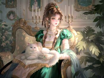 1girl absurdres animal braid breasts brown_hair cat couch dress earrings green_dress hair_ornament highres holding holding_animal holding_cat indoors jewelry large_variant_set long_hair necklace on_lap original puffy_sleeves ring short_sleeves sitting solo variant_set white_cat xixizi