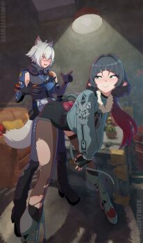 1boy 1girl absurdres animal_ears anime_coloring ass assertive_female bare_shoulders belt bent_over black_gloves black_shorts blunt_bangs blush boots buttjob buttjob_over_clothes cat_boy cat_ears cat_tail closed_mouth earrings embarrassed fingerless_gloves full_body fur-trimmed_jacket fur_trim gloves gradient_hair green_eyes green_footwear green_jacket grinding hetero high-waist_shorts highres indoors jacket jane_doe_(zenless_zone_zero) jewelry long_hair long_sleeves long_tail looking_at_another misfitbite mouse_ears mouse_girl mouse_tail multicolored_hair naughty_face open_mouth pantyhose police police_uniform policeman purple_eyes red_nails seth_lowell sharp_tail short_hair shorts single_leg_pantyhose single_thighhigh smile smug surprised sweat tail tail_around_own_leg teasing thighhighs torn_clothes torn_pantyhose torn_thighhighs two-tone_hair white_hair wide-eyed zenless_zone_zero