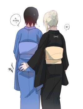 2girls alternate_hairstyle black_hair black_kimono blonde_hair blue_kimono braid bun_with_braided_base commentary from_behind grabbing_another&#039;s_ass groping hair_bun highres japanese_clothes kimono korean_text may_c multiple_girls naruto_(series) neck_blush shizune_(naruto) short_hair sidelocks single_hair_bun stealth_ass_grab symbol-only_commentary translation_request tsunade_(naruto) yuri