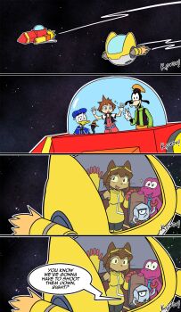 animal_ears brown_hair cat_ears cat_girl cat_tail crossover dinosaur donald_duck furry furry_female gameoverse gobbles_(gameoverse) goofy highres kaboodle_(gameoverse) kingdom_hearts kit_bodega red_eyes robot short_hair sora_(kingdom_hearts) spaceship spiked_hair tail