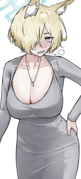 1girl absurdres alternate_costume alternate_hair_length alternate_hairstyle animal_ear_fluff animal_ears blonde_hair blue_archive blush breasts cleavage collarbone commentary cropped_jacket dongtan_dress dress green_jacket grey_dress guwall halo highres jacket jewelry kanna_(blue_archive) large_breasts looking_at_viewer necklace nose_blush scoop_neck sharp_teeth short_hair simple_background solo sweatdrop taut_clothes taut_dress teeth white_background