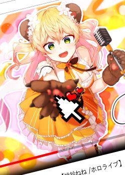 +_+ 1girl 1p_ino :d absurdres animal_ears animal_hands bear_ears bear_paws bell blonde_hair bow bowtie breasts brown_bow brown_bowtie cleavage cleavage_cutout clothing_cutout commentary_request corset crossed_bangs cursor fake_animal_ears fang flower frilled_shirt frills gloves gradient_hair green_eyes hair_flower hair_ornament heart highres holding holding_microphone hololive jingle_bell large_breasts layered_skirt long_hair looking_at_viewer medium_breasts microphone momosuzu_nene multicolored_bow multicolored_bowtie multicolored_hair multicolored_skirt neck_bell open_mouth orange_bow orange_bowtie orange_shirt orange_skirt outline paw_gloves peach_ornament pink_hair pink_skirt reaching reaching_towards_viewer shirt shure_55sh skirt sleeveless smile solo thighhighs two_side_up underbust user_interface virtual_youtuber white_flower white_outline yellow_bow yellow_bowtie yellow_skirt