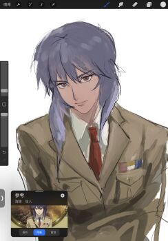 1girl aizheajsee collared_shirt ghost_in_the_shell ghost_in_the_shell:_stand_alone_complex highres kusanagi_motoko long_hair long_sleeves medium_hair military_uniform monochrome necktie purple_eyes red_necktie shirt solo upper_body white_background white_shirt