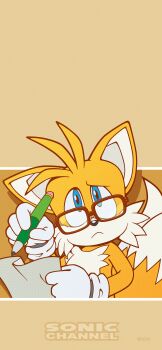 1boy absurdres animal_ears bespectacled blue_eyes body_fur closed_mouth fox_boy furry furry_male glasses gloves highres holding holding_paper holding_pen light_frown logo looking_at_viewer male_focus multiple_tails official_art official_wallpaper paper pen simple_background solo sonic_(series) sonic_channel tail tails_(sonic) two_tails white_gloves writing yellow_background