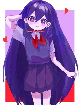 1girl arm_at_side arm_behind_head blush border bright_pupils character_name collared_shirt cowboy_shot double-parted_bangs hair_behind_ear hair_between_eyes happy_birthday heart highres long_hair looking_at_viewer mari_(headspace)_(omori) mari_(omori) neckerchief omori outside_border pleated_skirt purple_background purple_eyes purple_hair purple_skirt purple_sweater_vest red_background red_neckerchief shirt short_sleeves skirt smile solo standing straight_hair sweater_vest tokkooyaku two-tone_background very_long_hair white_border white_shirt