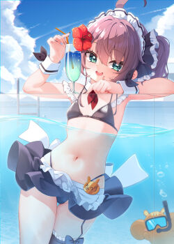 1girl absurdres ahoge bikini black_bikini breasts brown_hair cup flower hair_flower hair_ornament highres holding hololive looking_at_viewer maid maid_bikini maid_headdress natsuiro_matsuri navel partially_underwater_shot small_breasts solo swimsuit unconventional_maid virtual_youtuber yoshie_eneko