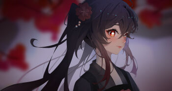 1girl absurdres alternate_costume apron beads black_apron black_hair blurry casual commentary_request contemporary depth_of_field flower from_side genshin_impact hair_beads hair_between_eyes hair_flower hair_ornament highres hu_tao_(genshin_impact) long_hair long_sleeves looking_at_viewer looking_to_the_side outdoors part_time_job qixia red_eyes sidelocks simple_background solo symbol-shaped_pupils twintails