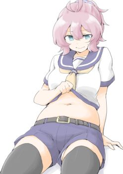 1girl akara_kai aoba_(kancolle) black_thighhighs blue_eyes cowboy_shot highres kantai_collection looking_down messy_hair navel neckerchief panties pantyshot ponytail purple_hair purple_sailor_collar purple_shorts sailor_collar sailor_shirt shirt shirt_hold short_hair shorts sitting solo thighhighs underwear white_panties white_shirt yellow_neckerchief