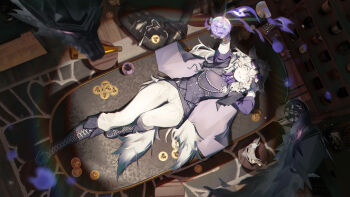 1girl absurdres animal_ears arknights arm_up black_boots black_gloves black_vest blue_eyes boots commentary_request eyewear_on_head fold-over_boots from_above gloves grey_hair grin hair_between_eyes highres holding indoors knee_boots lace-up_boots lappland_(arknights) long_hair long_sleeves looking_at_viewer lying on_back on_table outstretched_arm pants pinstripe_pattern pinstripe_shirt purple-tinted_eyewear purple_shirt sharp_teeth shirt smile solo sunglasses table tail teeth tinted_eyewear very_long_hair vest white_pants yzbr