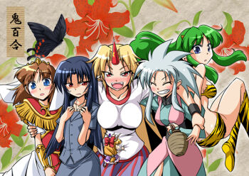 6+girls alcohol animal_print aqua_hair armband bindi black_hair blonde_hair blue_eyes bow bracer breast_envy breasts brown_hair bug butterfly cone_horns crossover earrings flower green_hair grin horns hoshiguma_yuugi ibuki_suika insect jar jewelry kashiwagi_chizuru kinu_(tengai_makyou) kizuato large_breasts long_hair lum medium_breasts multiple_crossover multiple_girls nino_(ninouchi_irazu) oni red_eyes ryouko_(tenchi_muyou!) sake single_horn small_horns smile star_(symbol) tenchi_muyou! tengai_makyou tengai_makyou_ii:_manjimaru tiger_print touhou urusei_yatsura veil white_veil