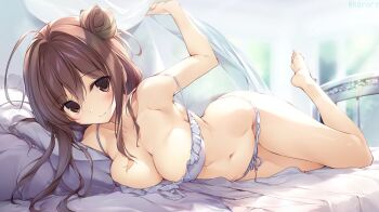 1girl barefoot bed bed_sheet bow bow_panties bra breasts brown_eyes brown_hair closed_mouth commentary_request full_body hair_between_eyes hair_bun holding holding_sheet karory large_breasts leg_up long_bangs long_hair looking_at_viewer lying navel on_bed on_side original panties solo stomach strap_slip underwear underwear_only white_bra white_panties