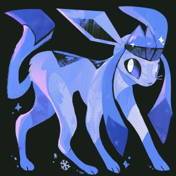 andewitt animal_focus artist_name black_background blue_eyes bright_pupils commentary english_commentary full_body gen_4_pokemon glaceon highres nintendo no_humans pokemon pokemon_(creature) pokemon_focus simple_background snowflakes solo standing white_pupils