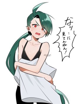 1girl ahoge androgynous artist_name asymmetrical_bangs black_bra black_pants blush bra breasts bright_pupils flat_chest genjitsu_o_miro green_hair grey_shirt highres holding holding_shirt holding_unworn_clothes long_hair nintendo pants pokemon pokemon_sv ponytail red_eyes reverse_trap rika_(pokemon) shirt solo translation_request twitter_username underwear unworn_shirt