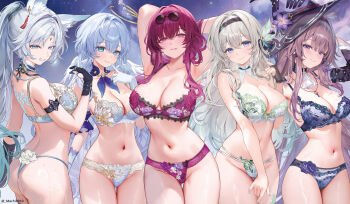 5girls alternate_breast_size animal_ear_fluff animal_ears aqua_eyes arm_strap armpits arms_behind_head arms_up ascot ass back_tattoo bare_shoulders black_bridal_gauntlets black_gloves black_hairband black_ribbon black_sleeves blue_bra blue_eyes blue_hair blue_panties blush bra breasts bridal_gauntlets brown_hair chinese_commentary closed_mouth collar collarbone commentary commentary_request cowboy_shot earrings english_commentary eyewear_on_head feixiao_(honkai:_star_rail) firefly_(honkai:_star_rail) flower forehead_jewel fox_ears fox_girl frilled_collar frills glasses gloves gradient_hair green_hair green_nails grin hair_between_eyes hair_intakes hair_ribbon hairband halo hand_up hat hat_flower head_wings herta_(honkai:_star_rail) highres honkai:_star_rail honkai_(series) jewel_under_eye jewelry kafka_(honkai:_star_rail) key key_necklace large_breasts lingerie long_hair looking_at_viewer machi_(machi0910) merchandise_available mixed-language_commentary multicolored_eyes multicolored_hair multiple_girls nail_polish navel necklace panties parted_lips pince-nez pink_eyes ponytail purple_bra purple_collar purple_eyes purple_flower purple_hair purple_panties purple_ribbon ribbon robin_(honkai:_star_rail) round_eyewear sidelocks single_bridal_gauntlet smile stomach sunglasses sweat tattoo the_herta_(honkai:_star_rail) thigh_gap two-tone_eyes two-tone_hair underwear underwear_only very_long_hair white_ascot white_bra white_collar white_gloves white_hair white_panties wings witch_hat