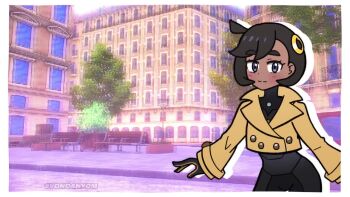 2girls animated belt black_hair blush bodysuit brown_hair closed_eyes dark-skinned_female dark_skin emma_(pokemon) espurr gen_2_pokemon gen_6_pokemon harmony_(pokemon) hat jacket medium_hair multiple_girls nintendo pants pokemon pokemon_legends:_z-a purple_eyes shirt tagme totodile video vondanyom