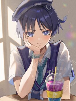 1boy alternate_costume aqua_necktie aqua_trim arm_on_table arm_rest bead_bracelet beads beret blunt_ends blush bracelet bright_pupils cardigan closed_mouth coffee collarbone collared_shirt cup disposable_cup drinking_straw elbow_on_table eyeliner eyeshadow fingernails genshin_impact hand_on_own_face hat head_rest heart highres iced_coffee jewelry makeup male_focus necktie official_alternate_costume parted_lips purple_cardigan purple_eyes purple_hair purple_hat red_eyeliner red_eyeshadow scaramouche_(genshin_impact) shirt short_sleeves smile snow20200 solo twitter_username undershirt wanderer_(genshin_impact) wanderer_(mega_mgc_coffee)_(genshin_impact) watermark white_pupils white_shirt white_sleeves wrist_cuffs