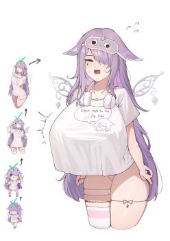 1girl absurdres alternate_breast_size_(larger) breasts chibi chibi_inset colored_inner_hair commentary english_commentary flying_sweatdrops gigantic_breasts grey_hair hair_over_one_eye highres hololive hololive_english iver_(reviolet) jewel_under_eye jewelry koseki_bijou koseki_bijou_(pebble_pajamas) long_hair multicolored_hair no_pants official_alternate_costume open_mouth panties pebble_(koseki_bijou) pink_hair pink_panties purple_eyes purple_hair shirt sleep_mask slippers striped_clothes striped_panties striped_thighhighs thighhighs thighlet underwear v virtual_youtuber wavy_mouth white_background white_shirt wings
