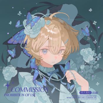 1boy ahoge bao_rong blonde_hair blue_bow blue_butterfly blue_eyes bow bug butterfly closed_mouth commission eyelashes flower frills gem hair_between_eyes hair_flower hair_ornament hairpin highres insect long_sleeves looking_at_viewer male_focus mihuashi_commission mole mole_under_mouth original pearl_(gemstone) pearl_hair_ornament rose short_hair solo square two-sided_fabric upper_body veil watermark white_flower white_rose