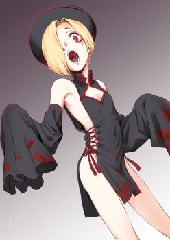 1girl absurdres black_dress black_hat black_sleeves blonde_hair blood blood_splatter breasts china_dress chinese_clothes commission covered_navel detached_sleeves dokuromaru dress hair_over_one_eye hat highres idolmaster idolmaster_cinderella_girls jiangshi loli long_sleeves looking_at_viewer one_eye_covered open_mouth pelvic_curtain print_dress print_sleeves qingdai_guanmao red_eyes saliva saliva_trail second-party_source shirasaka_koume short_hair side_slit skeb_commission sleeveless sleeveless_dress sleeves_past_fingers sleeves_past_wrists small_breasts solo splatter_print