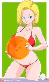 1girl absurdres android_18 blonde_hair blue_eyes breasts caisama dragon_ball dragon_ball_(object) dragonball_z highres large_breasts short_hair smile swimsuit